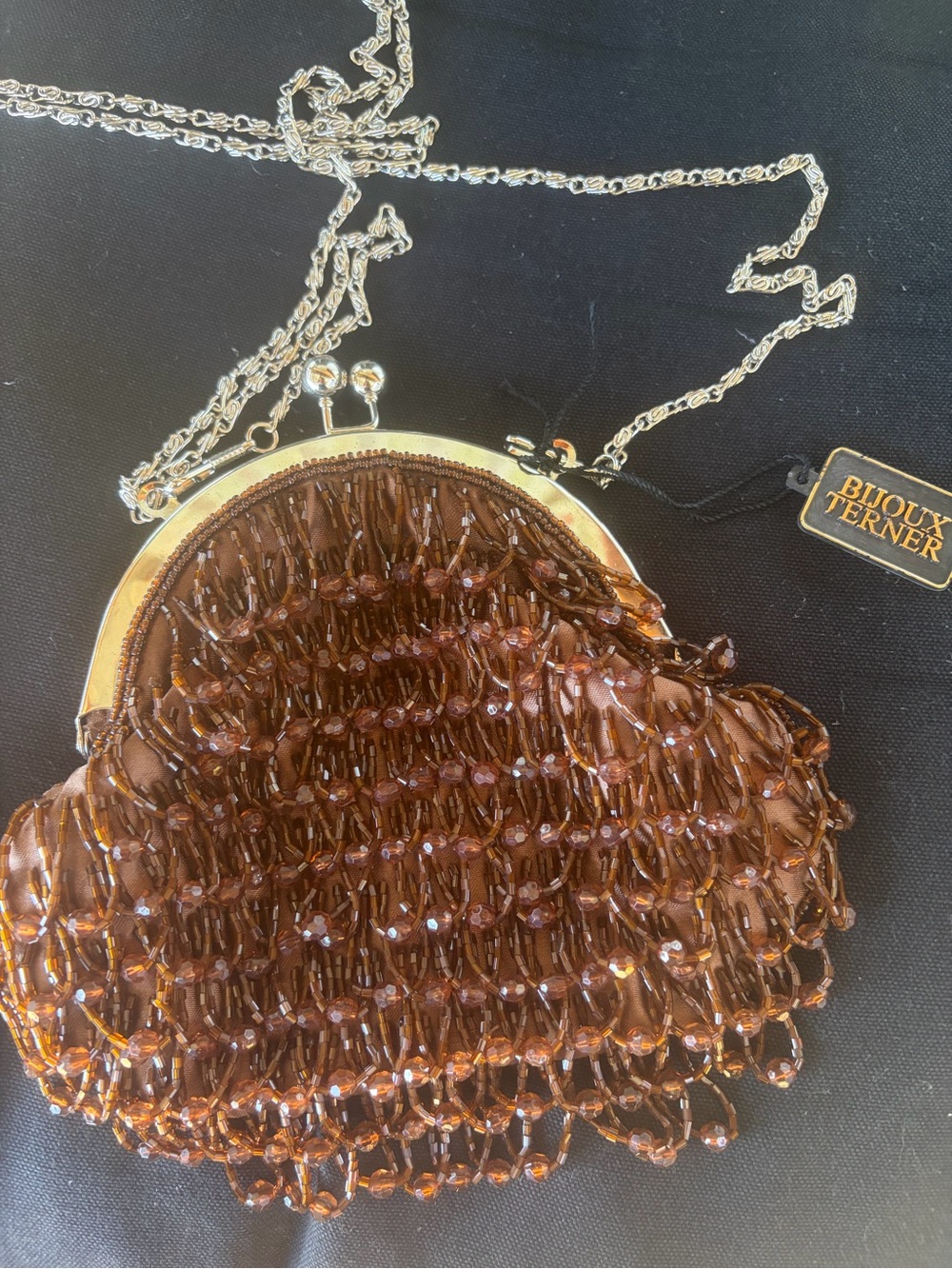 Bijoux Terner Brown Beaded Evening Clutch with Silver Chain